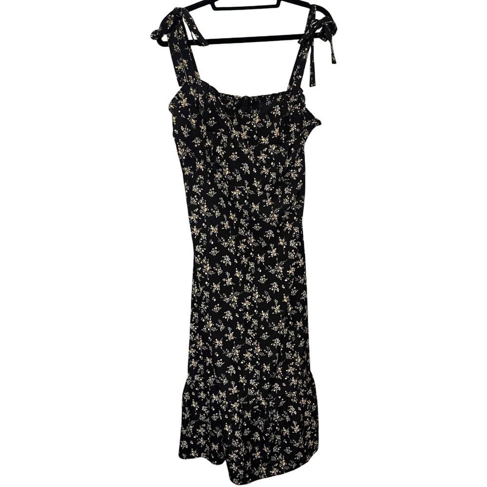 OPT Black Floral Print‎ Smocked Midi Dress Tie Shoulder Ruffle Hem XL